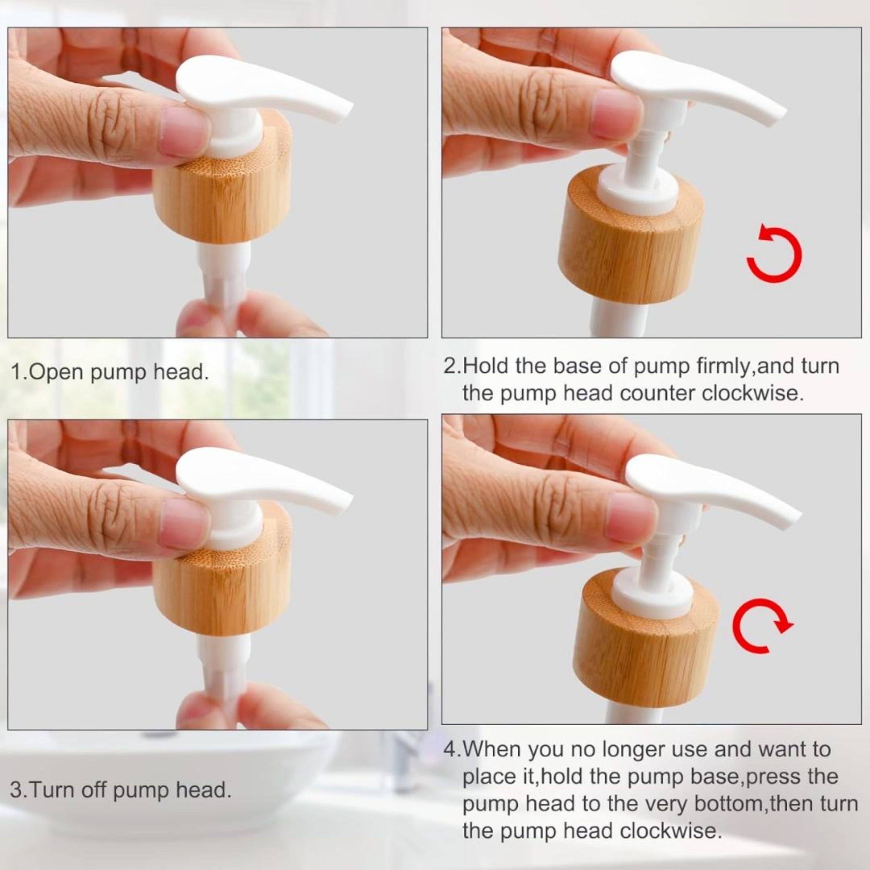 1. Open pump head.
2. Hold the base of pump firmly, and turn the pump head counter clockwise.
3. Turn off pump head.
4. When you no longer use and want to place it, hold the pump base, press the pump head to the very bottom, then turn the pump head clockwise.
