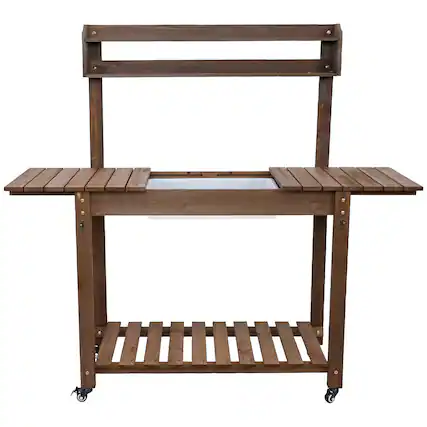 Front. Sunnydaze - Wheeled Wood Outdoor Potting Bench with Dry Sink - 39.25" - Brown.