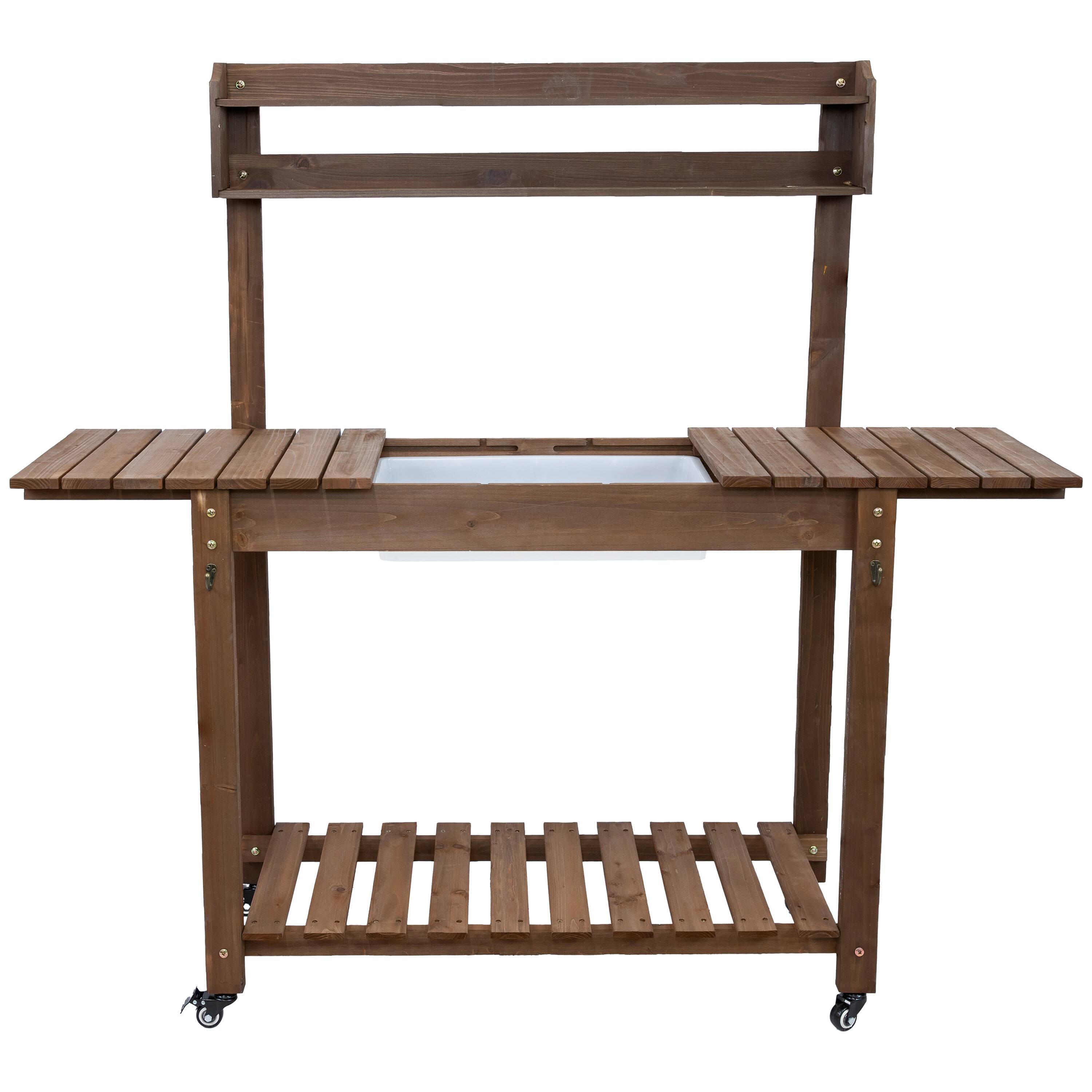 Sunnydaze - Wheeled Wood Outdoor Potting Bench with Dry Sink - 39.25" - Brown