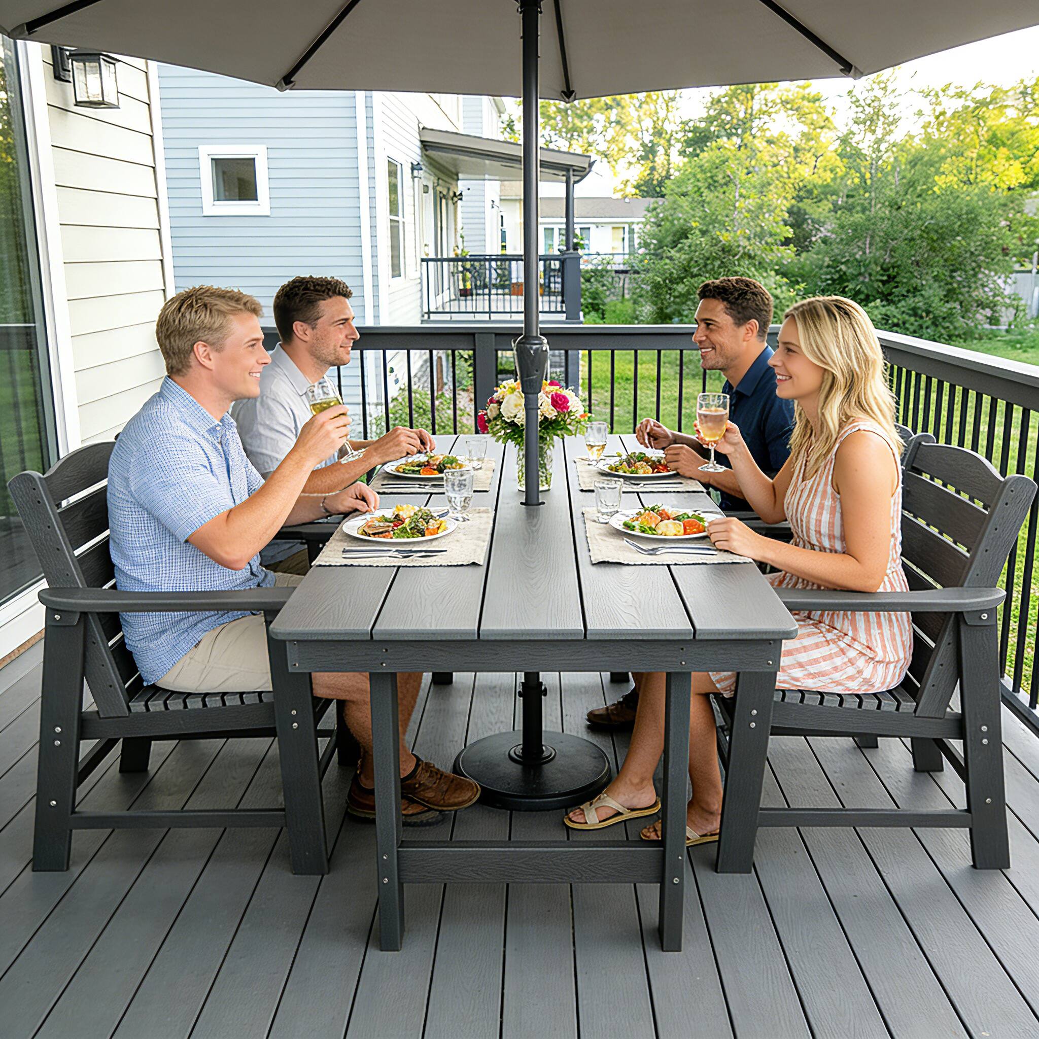 Angle. Fortune Candy - HDPE Patio Dining Set, 7-Piece Poly Lumber Table & Chairs with Umbrella Hole, Weather-Resistant for Porch Yard Garden - Gray.