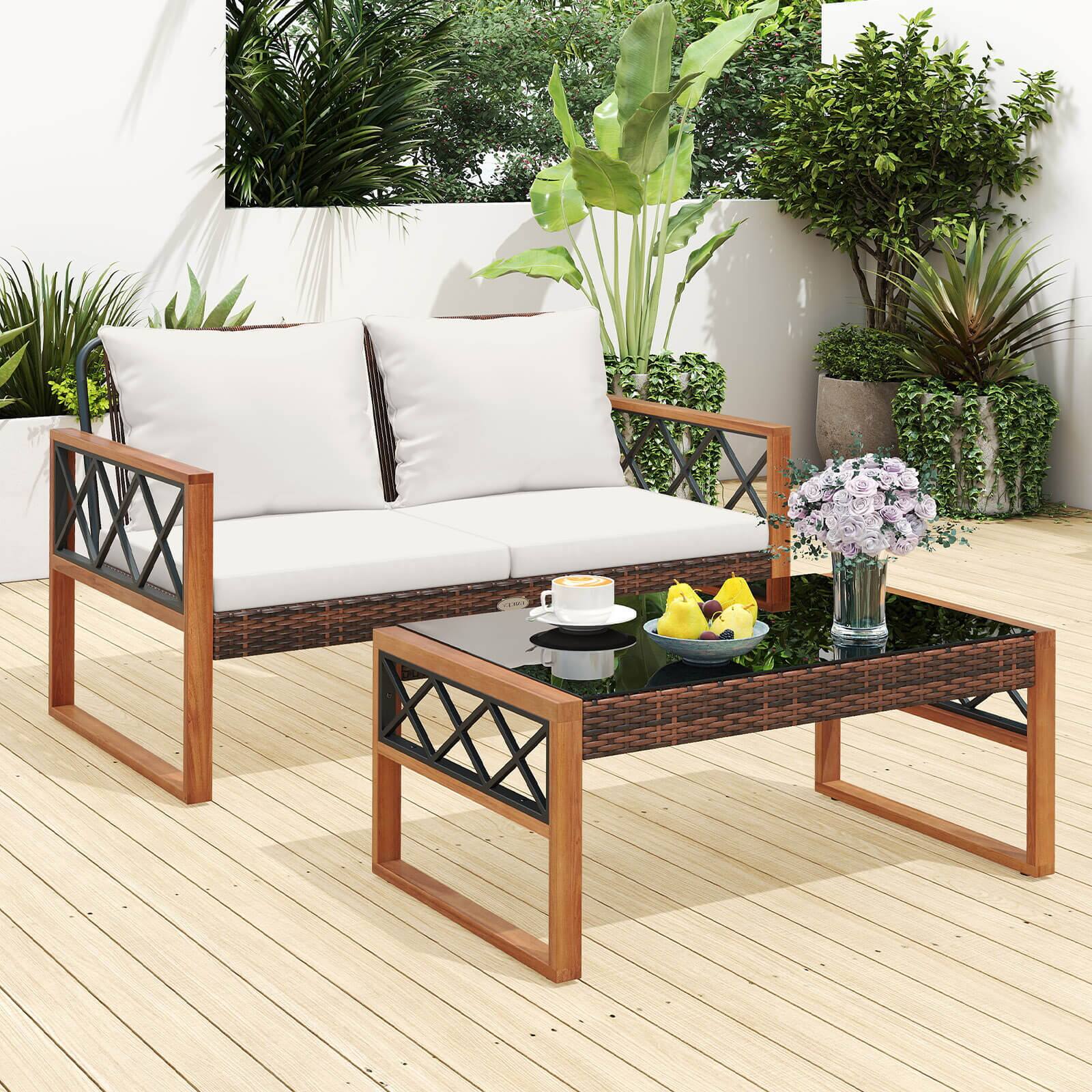 Alt View 1. Costway - Costway 2 Pieces Patio PE Wicker Furniture Set Outdoor Acacia Wood Loveseat for Porch - Mix Brown,Off White.