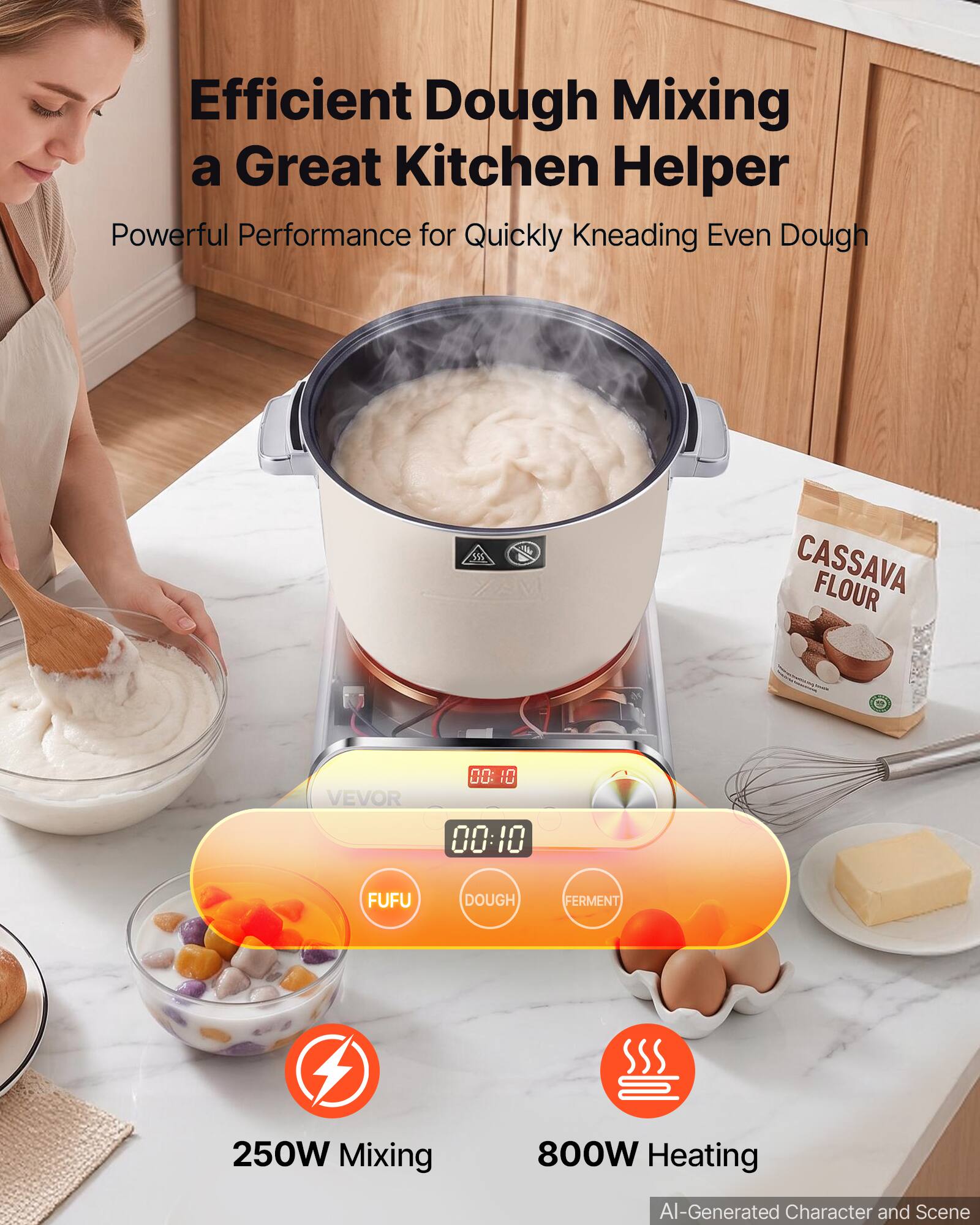 Efficient Dough Mixing a Great Kitchen Helper  
Powerful Performance for Quickly Kneading Even Dough  

CASSAVA FLOUR  
VEVOR  
00:10 00:10  
FUFU  
DOUGH  
FERMENT  
250W Mixing  
800W Heating  
AI-Generated Character and Scene