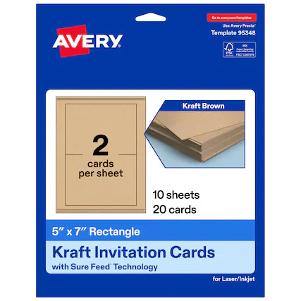 Go to avery.com/templates
Use Avery Presta™ Template 95348
Kraft Brown
2 cards per sheet
10 sheets
20 cards
5" x 7" Rectangle Kraft Invitation Cards with Sure Feed™ Technology for Laser/Inkjet