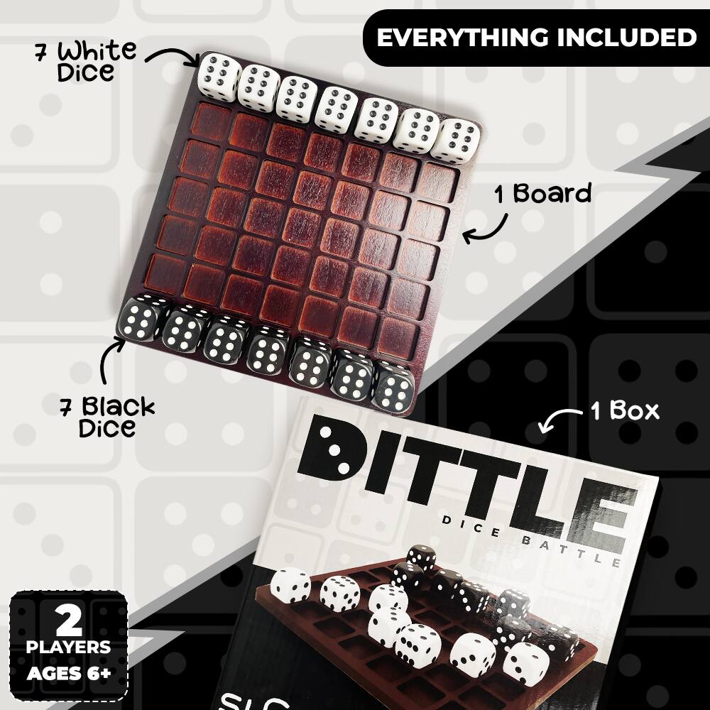 7 White Dice  
7 Black Dice  
1 Board  
1 Box  
2 PLAYERS AGES 6+  
EVERYTHING INCLUDED  
ITTLE DICE BATTLE
