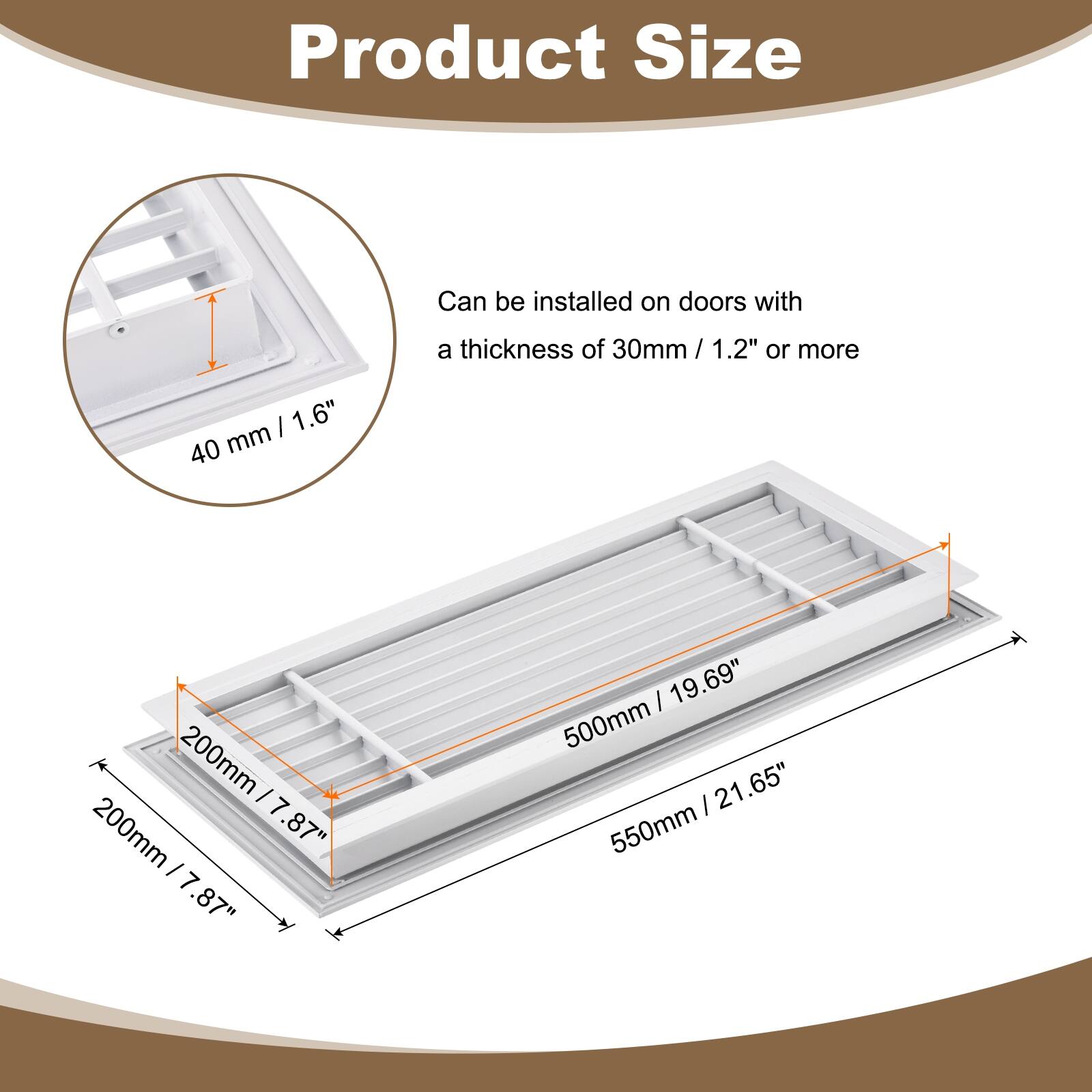 Product Size

Can be installed on doors with a thickness of 30mm / 1.2" or more

- 40 mm / 1.6"
- 200mm / 7.87"
- 500mm / 19.69"
- 550mm / 21.65"