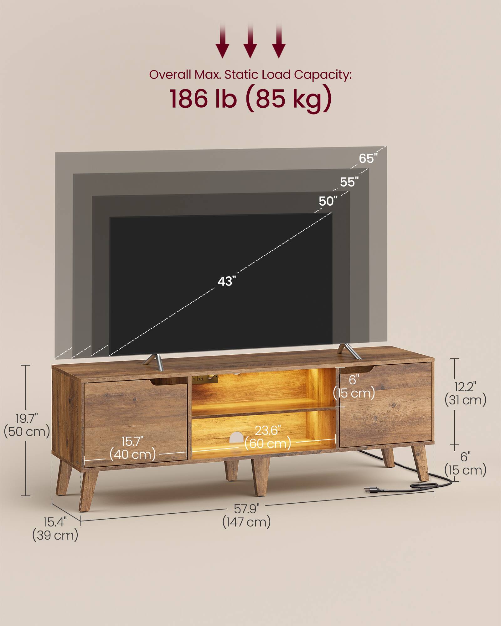 Overall Max. Static Load Capacity: 186 lb (85 kg)

- 65" (165 cm)
- 55"
- 50"
- 43"
- 19.7" (50 cm)
- 15.7" (40 cm)
- 23.6" (60 cm)
- 6" (15 cm)
- 12.2" (31 cm)
- 6" (15 cm)
- 15.4" (39 cm)
- 57.9" (147 cm)