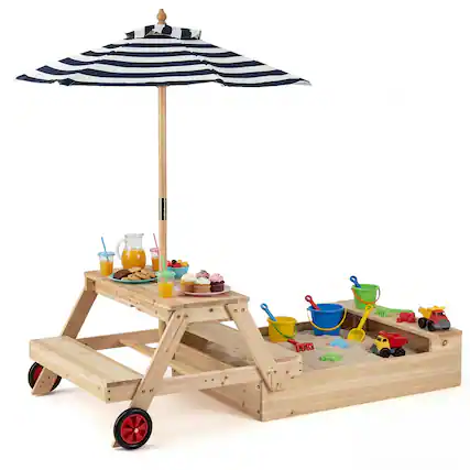 Front. Gymax - Gymax 3-in-1 Wooden Sandbox w/Foldable Umbrella Convertible Picnic Table Benches - Blue.