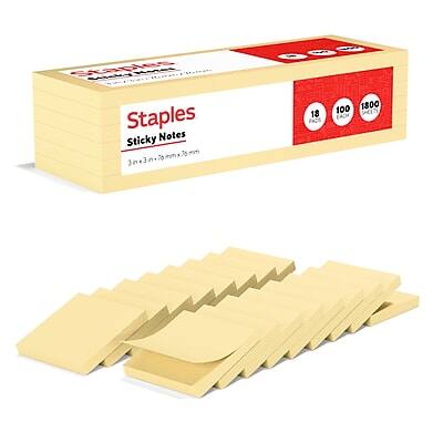 Staples - Recycled Sticky Notes, 3" x 3", Sunshine Collection, 100 Sheets/Pad, 18 Pads/Pack (S-33YR18/52569) - Yellow