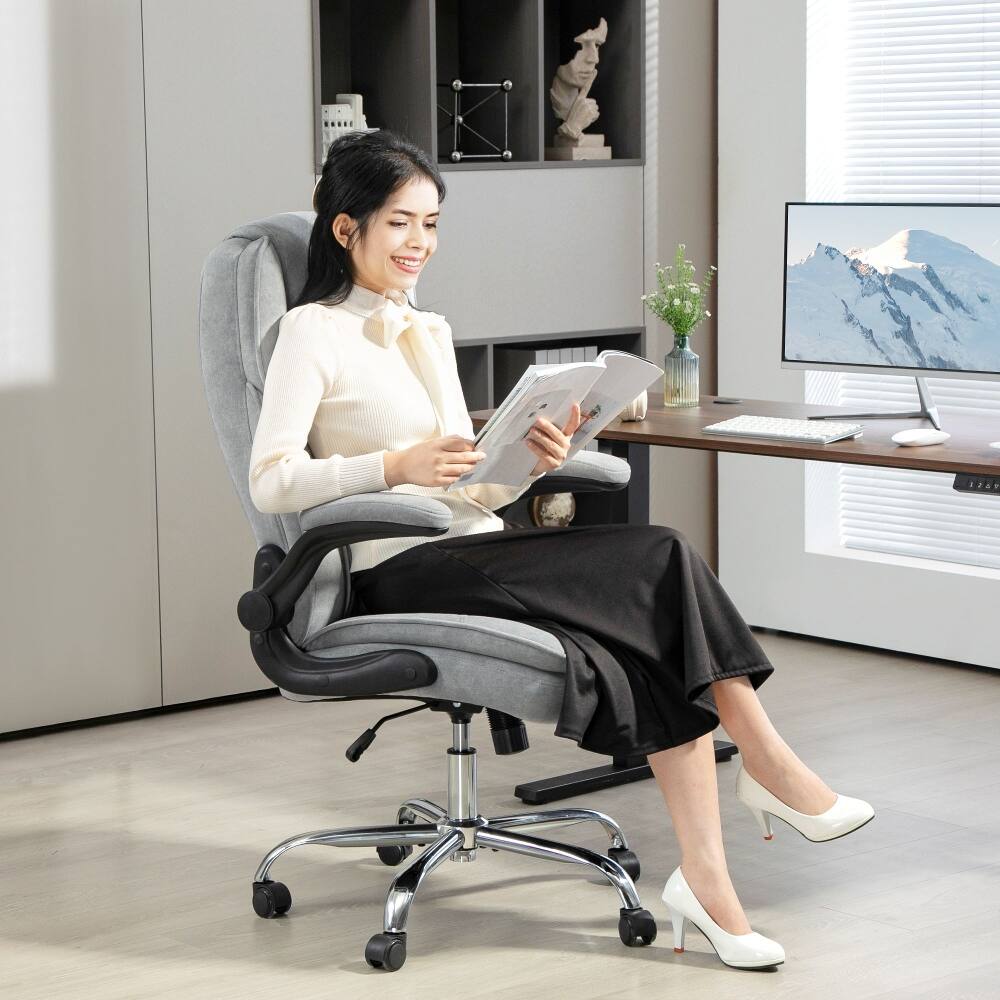 Angle. Loheer - Loheer Executive Office Chair Gray Velvet Desk Chair with Flip-up Armrest Diamond Fabric Computer Chair for Home Office - Gray.