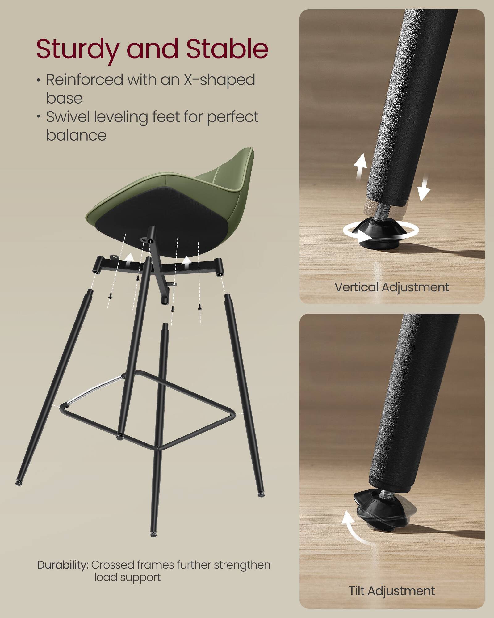 Sturdy and Stable  
- Reinforced with an X-shaped base  
- Swivel leveling feet for perfect balance  

Vertical Adjustment  

Durability: Crossed frames further strengthen load support  

Tilt Adjustment