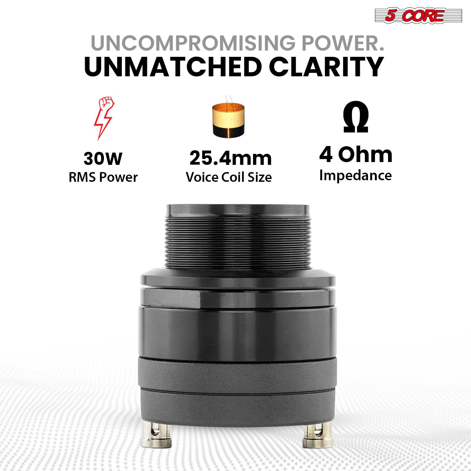 5 CORE  
UNCOMPROMISING POWER.  
UNMATCHED CLARITY  

30W  
RMS Power  

25.4mm  
Voice Coil Size  

4 Ohm  
Impedance