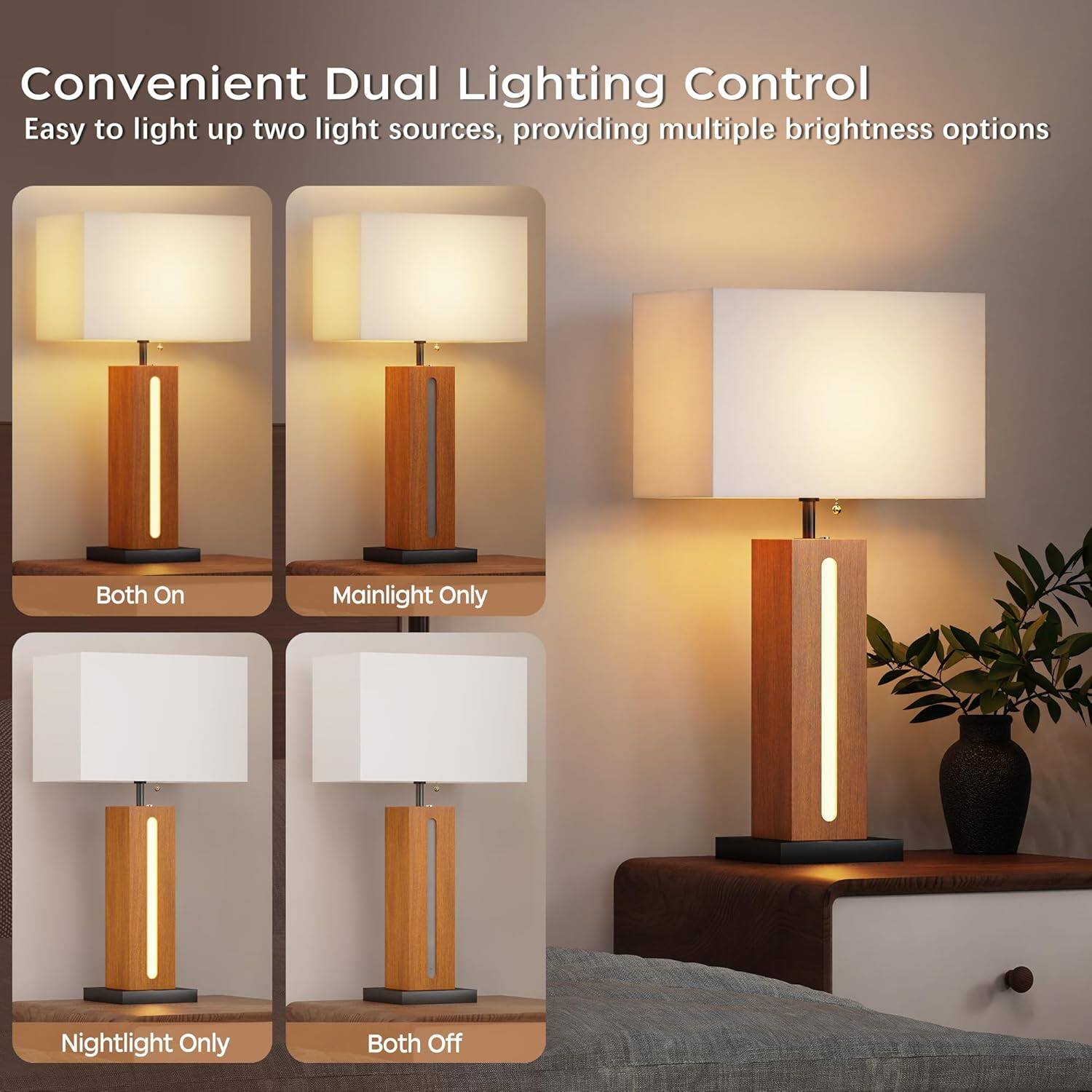Convenient Dual Lighting Control  
Easy to light up two light sources, providing multiple brightness options  

Both On  
Mainlight Only  
Nightlight Only  
Both Off