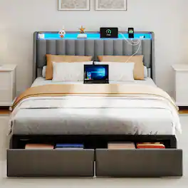 Anysun - Upholstered Queen Size Bed Frame with RGB LED Lights & Charging Station, Underbed Drawers & Storage Headboard - Gray