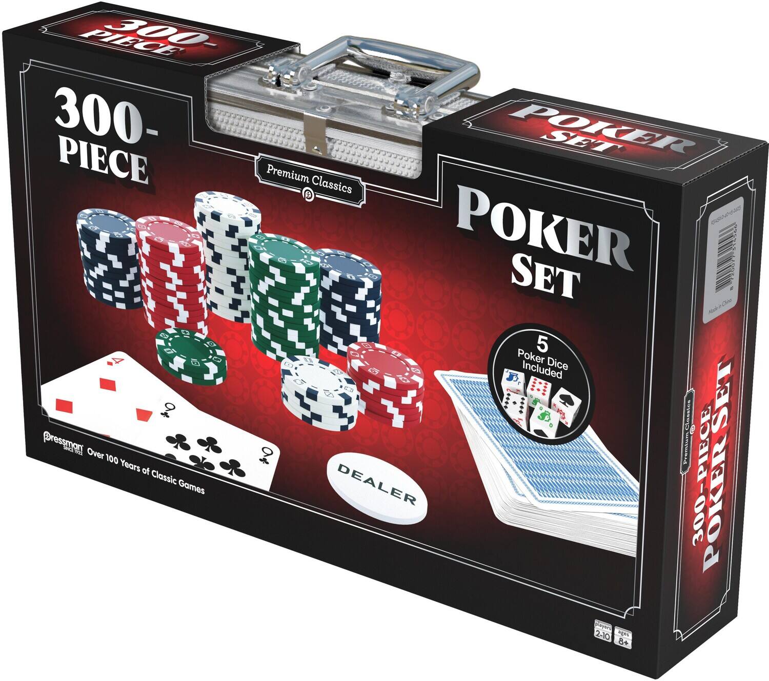 300-PIECE Premium Classics POKER SET  
POKER 20077 7-314566 SET 50  
China Made  
Pressman Over 100 Years of Classic Games  
DEALER  
5 Poker Dice Included  
Classics SET Premium 300-PIECE POKER  
Mayers 2-10 agus 8+