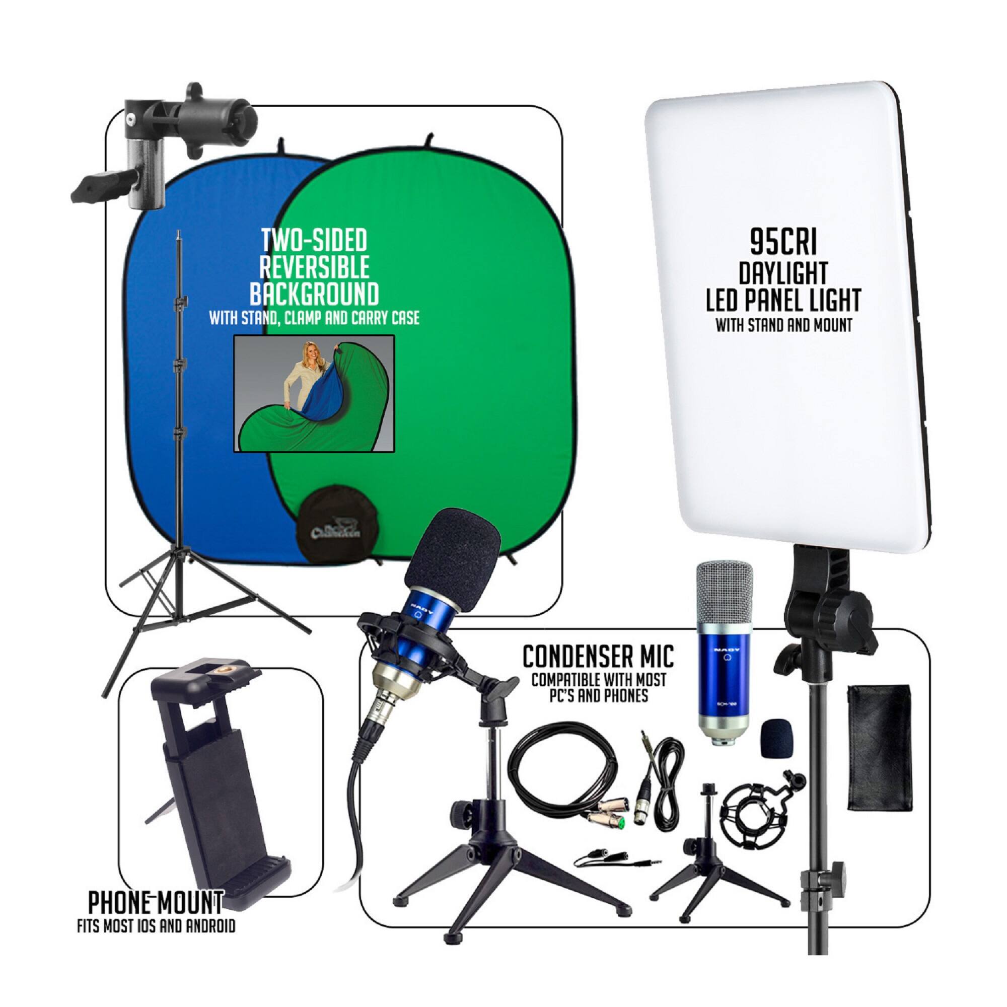 TWO-SIDED REVERSIBLE BACKGROUND WITH STAND, CLAMP AND CARRY CASE  
95CRI DAYLIGHT LED PANEL LIGHT WITH STAND AND MOUNT  
CONDENSER MIC COMPATIBLE WITH MOST PC'S AND PHONES  
PHONE MOUNT FITS MOST IOS AND ANDROID