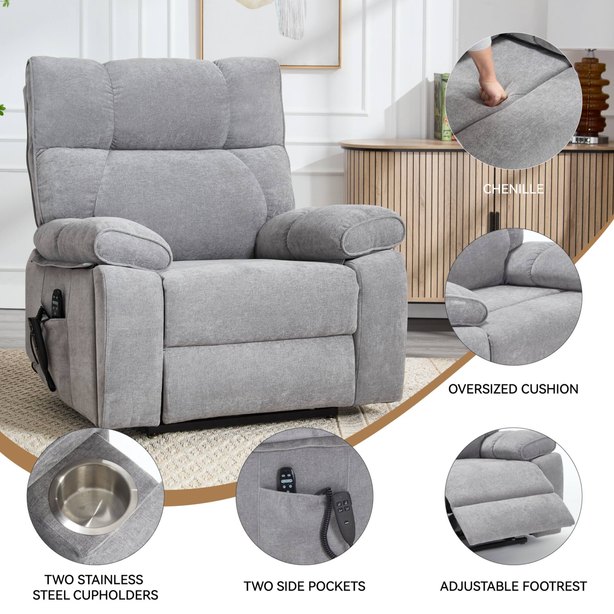 CHENILLE  
OVERSIZED CUSHION  
TWO STAINLESS STEEL CUPHOLDERS  
TWO SIDE POCKETS  
ADJUSTABLE FOOTREST
