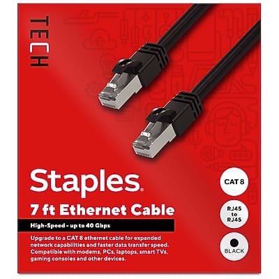 **TECH Staples**

**7 ft Ethernet Cable**

- High-Speed - up to 40 Gbps
- CAT 8
- RJ45 to RJ45
- BLACK

Upgrade to a CAT 8 ethernet cable for expanded network capabilities and faster data transfer speed. Compatible with modems, PCs, laptops, smart TVs, gaming consoles, and other devices.