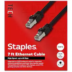 **TECH Staples**
**7 ft Ethernet Cable**
- High-Speed - up to 40 Gbps
- CAT 8
- RJ45 to RJ45
- BLACK
Upgrade to a CAT 8 ethernet cable for expanded network capabilities and faster data transfer speed. Compatible with modems, PCs, laptops, smart TVs, gaming consoles, and other devices.