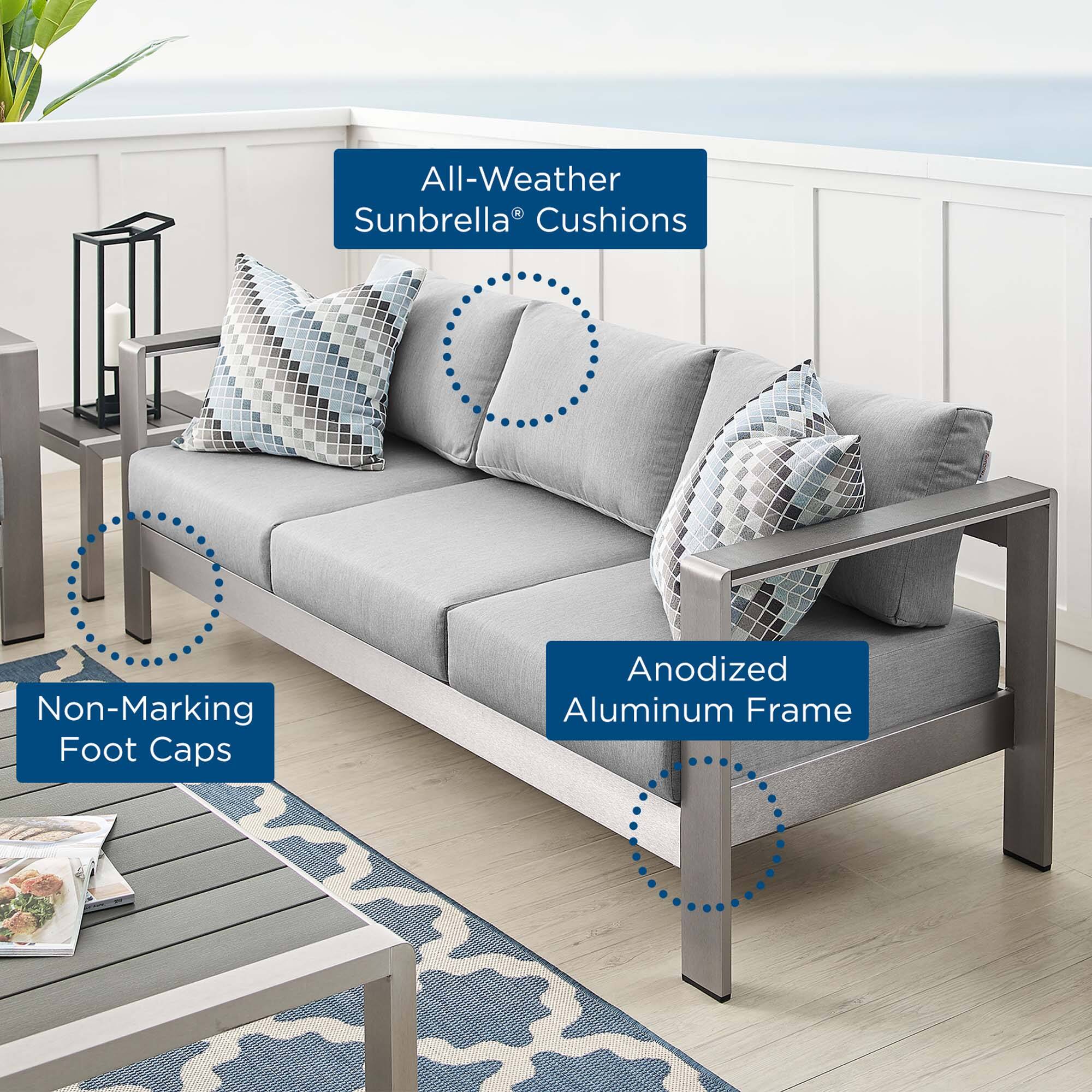 All-Weather Sunbrella® Cushions  
Non-Marking Foot Caps  
Anodized Aluminum Frame