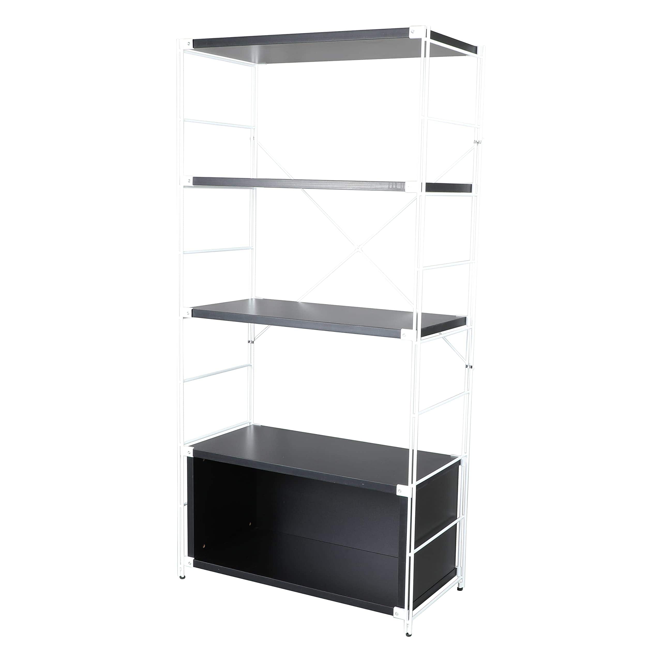 Front. LeisureMod - Etagere 4-Shelf Industrial Bookcase with White Steel Frame and Melamine Shelves Open Storage for Living Room and Office - Black.
