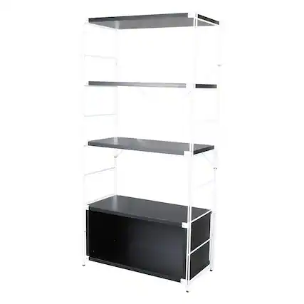 Front. LeisureMod - Etagere 4-Shelf Industrial Bookcase with White Steel Frame and Melamine Shelves Open Storage for Living Room and Office - Black.