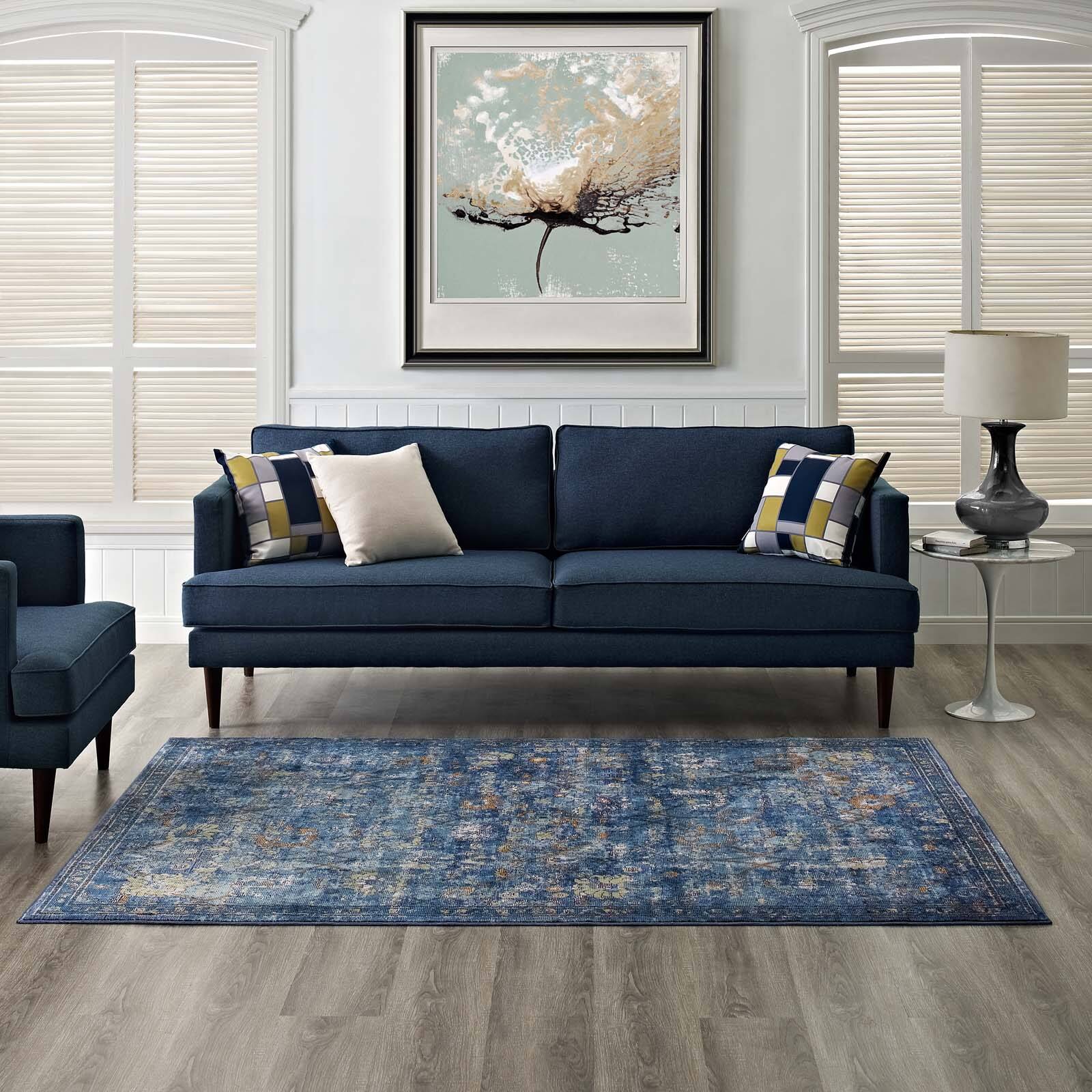 Left. Modway - Minu Distressed Floral Lattice Area Rug - Dark Blue Yellow and Orange.
