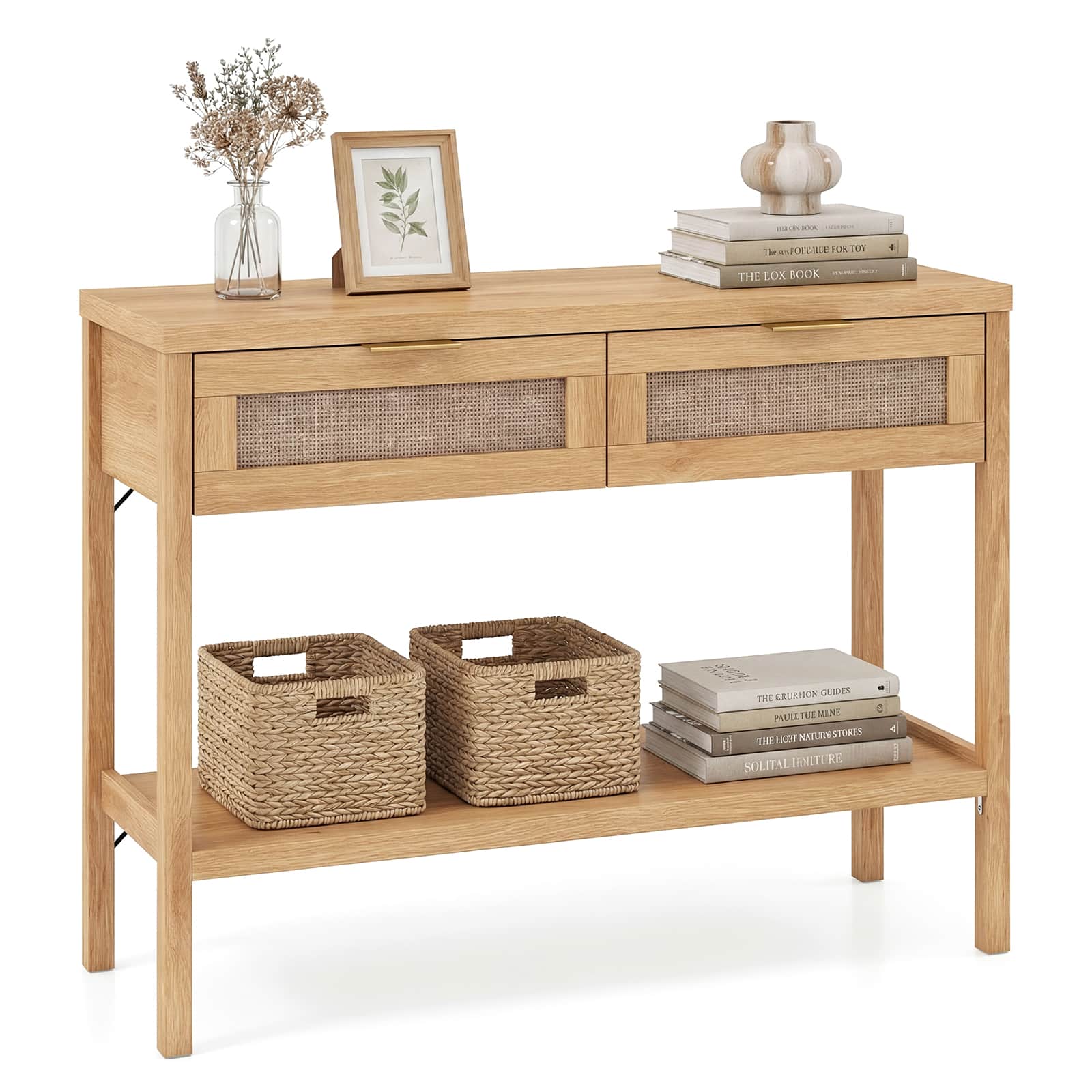 Costway - Rattan Console Table with 2 Drawers, Shelf & 2 Anti-Tipping Kits for Small Space - Natural