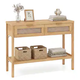 Costway - Rattan Console Table with 2 Drawers, Shelf & 2 Anti-Tipping Kits for Small Space - Natural
