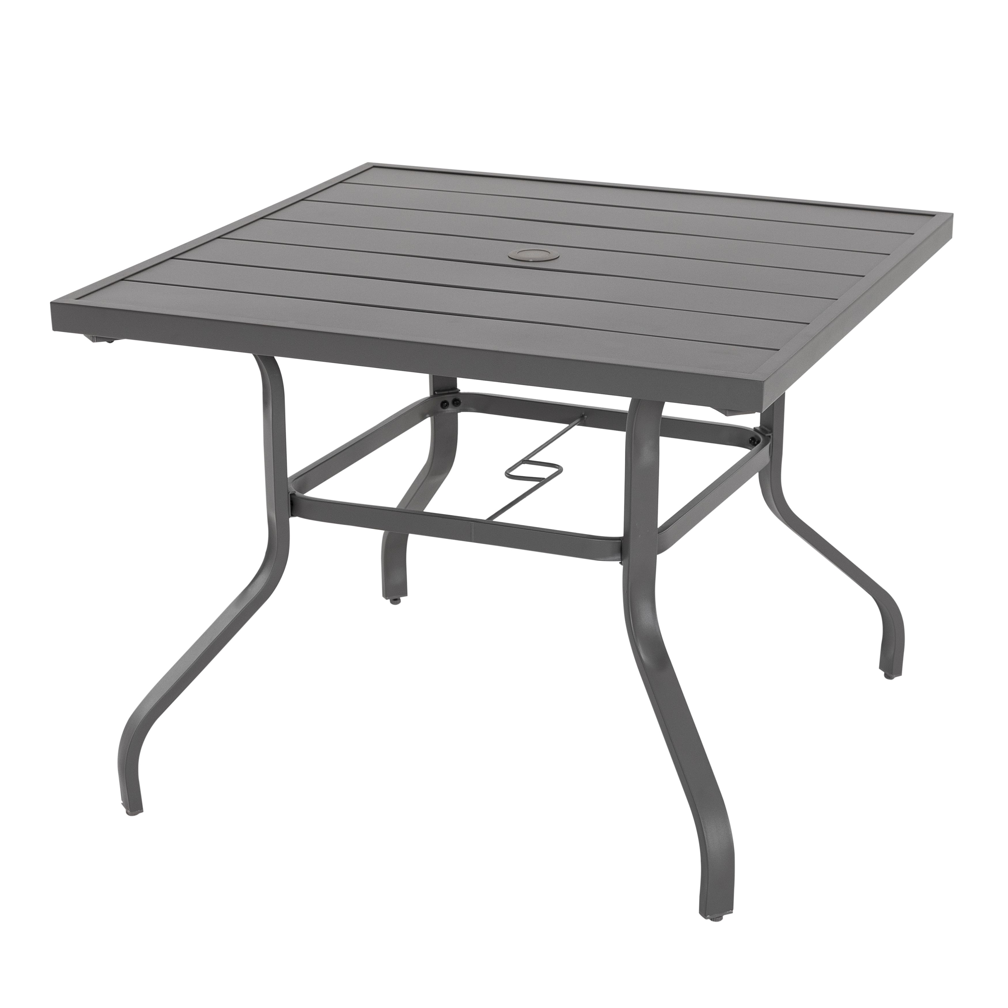 Nuu Garden - Outdoor 37 Inch Square Iron Dining Table with 1.57'' Umbrella Hole, Slatted Top - Gray
