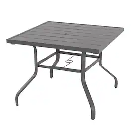 Nuu Garden - Outdoor 37 Inch Square Iron Dining Table with 1.57'' Umbrella Hole, Slatted Top - Gray