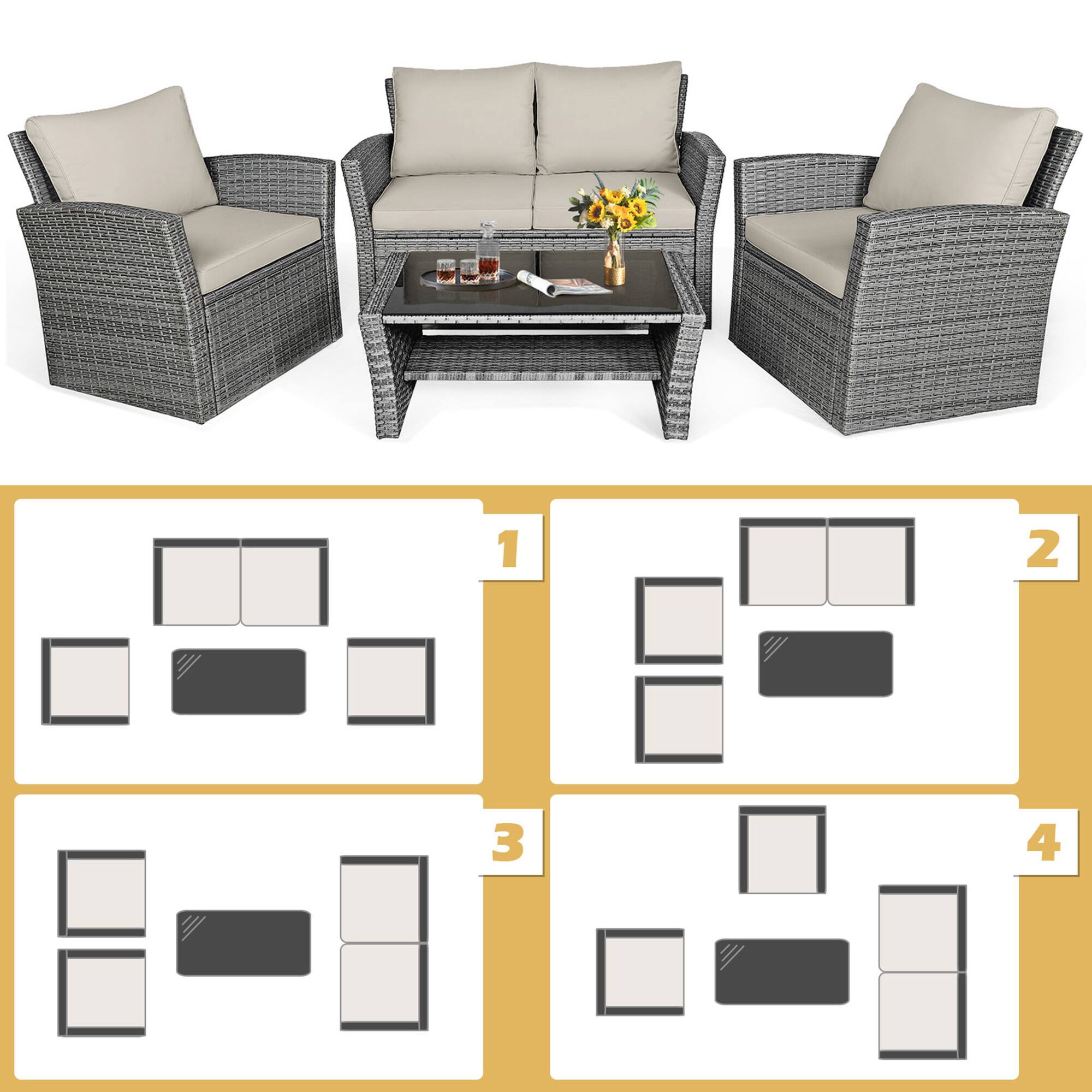 Alt View 5. Gymax - Gymax 4PCS Patio Rattan Conversation Set Outdoor Furniture Set w/ Khaki Cushions - Khaki.