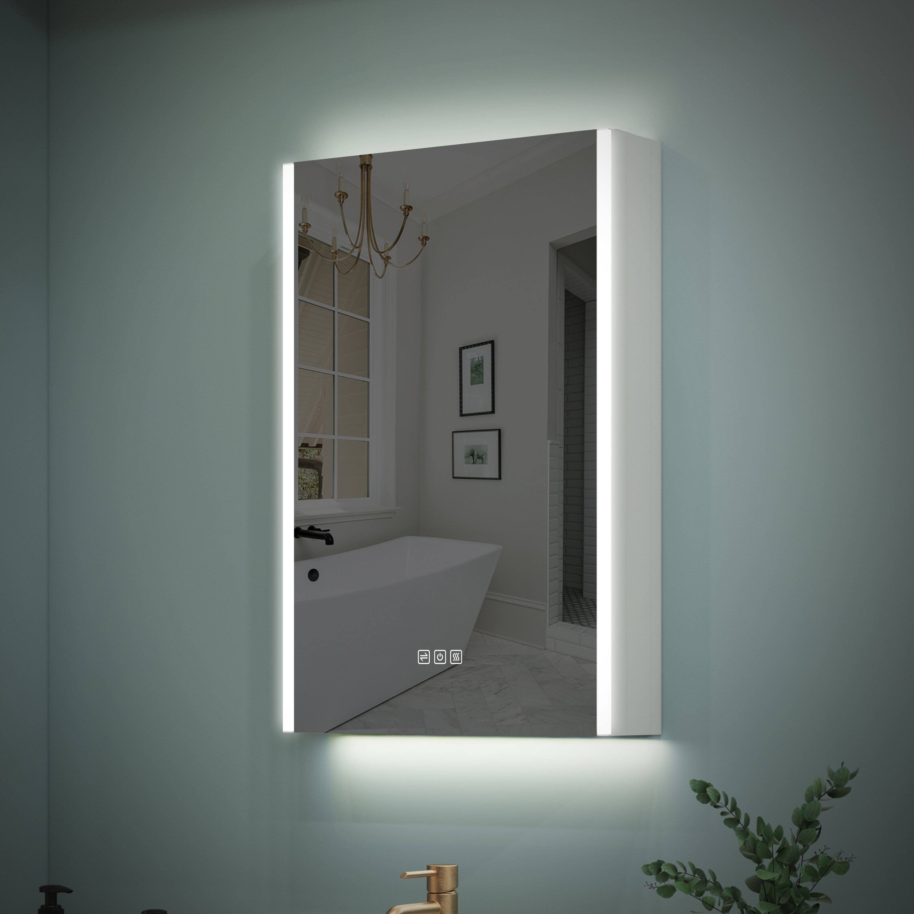 Angle. WELLFOR - 20 in. W x 30 in. H Rectangular Aluminum Medicine Cabinet with Mirror, LED Lights, Anti-Fog, Left Soft Close Door - Silver.
