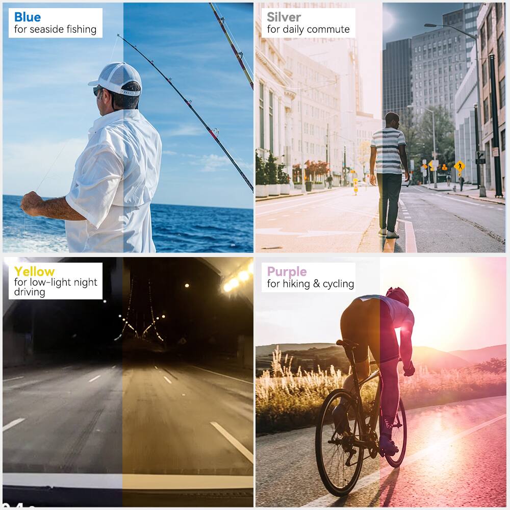 Blue for seaside fishing  
Silver for daily commute  
Yellow for low-light night driving  
Purple for hiking & cycling