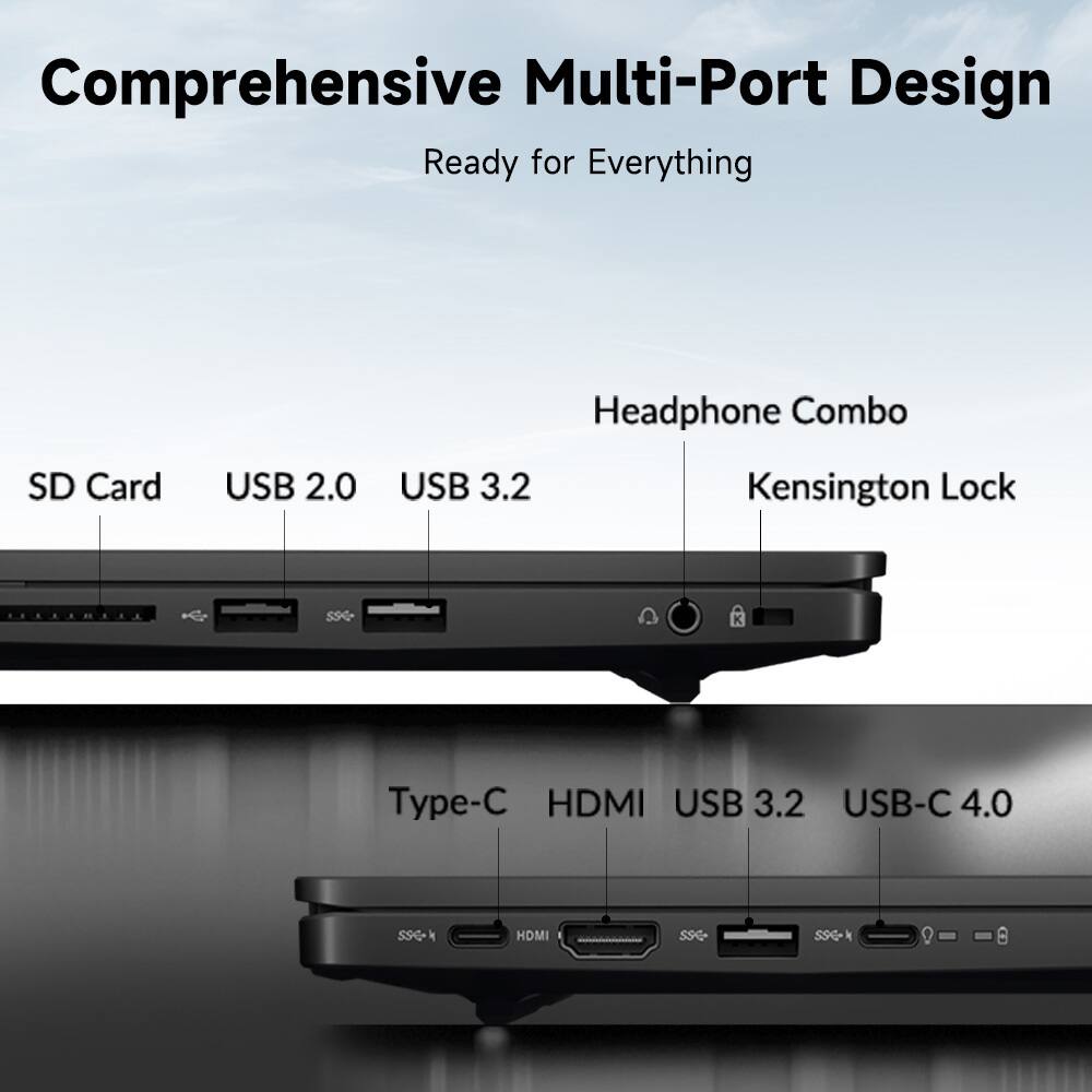 Comprehensive Multi-Port Design  
Ready for Everything  

Headphone Combo  
SD Card  
USB 2.0  
USB 3.2  
Kensington Lock  

Type-C  
HDMI  
USB 3.2  
USB-C 4.0