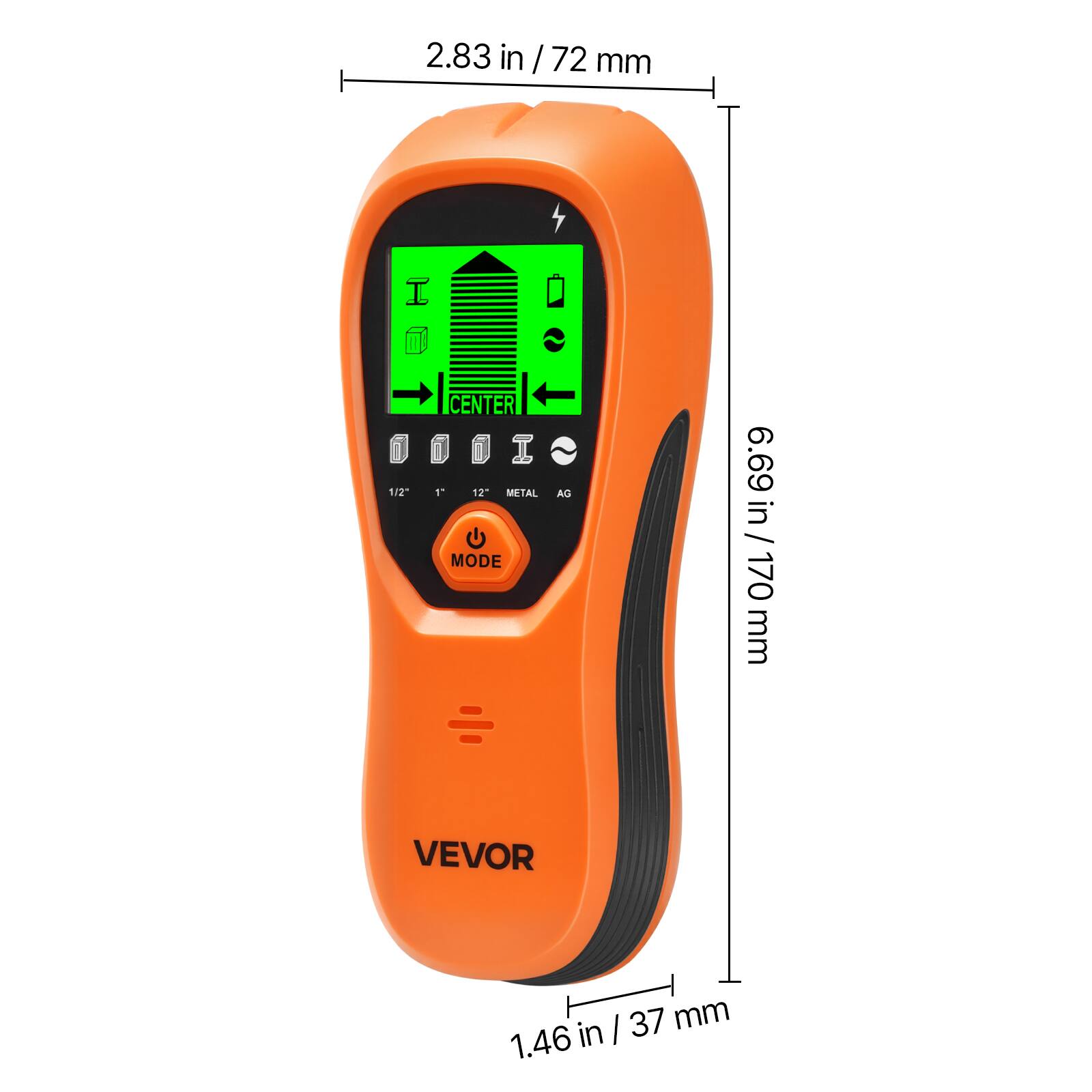 2.83 in / 72 mm  
1/2" CENTER  
1 1/2" METAL MODE  
6.69 in / 170 mm  
VEVOR  
1.46 in / 37 mm