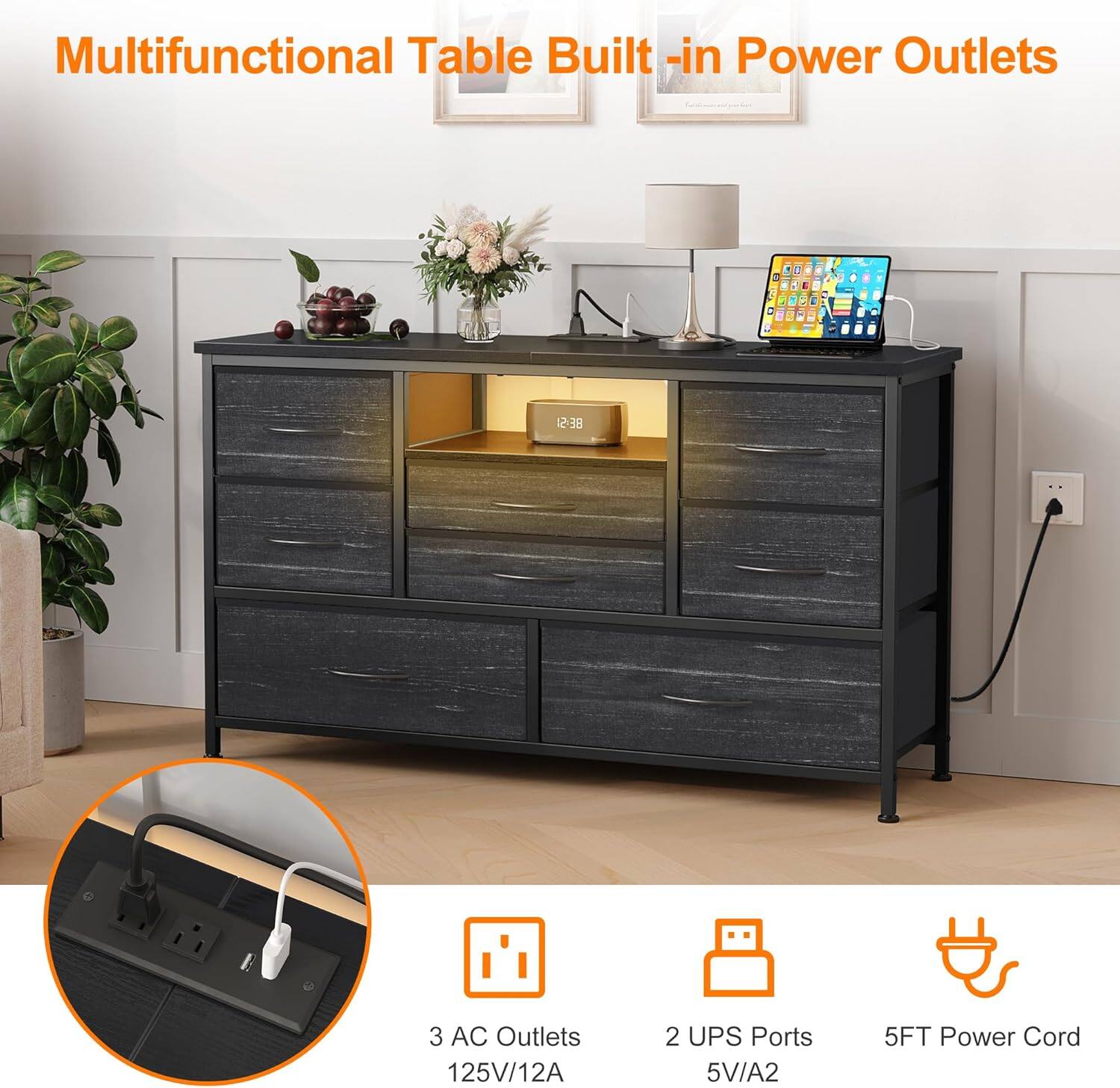 Multifunctional Table Built-in Power Outlets

- 3 AC Outlets 125V/12A
- 2 UPS Ports 5V/A2
- 5FT Power Cord