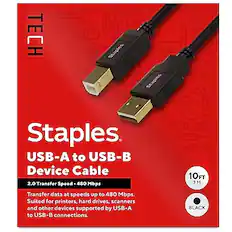**TECH Staples**
**USB-A to USB-B Device Cable**
- **2.0 Transfer Speed - 480 Mbps**
- Transfer data at speeds up to 480 Mbps.
- Suited for printers, hard drives, scanners, and other devices supported by USB-A to USB-B connections.
- **10 FT / 3 M**
- **BLACK**