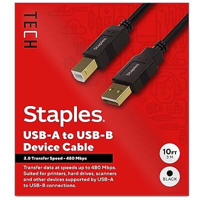 **TECH Staples**
**USB-A to USB-B Device Cable**
- **2.0 Transfer Speed - 480 Mbps**
- Transfer data at speeds up to 480 Mbps.
- Suited for printers, hard drives, scanners, and other devices supported by USB-A to USB-B connections.
- **10 FT / 3 M**
- **BLACK**