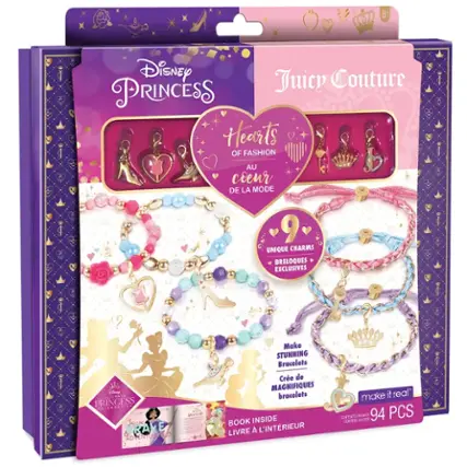 The image features a box of Disney Princess Juicy Couture fashion accessories. The box contains a variety of bracelets, charms, and other accessories, with a total of 9 unique charms and 94 PCS of content. The box is pink and purple, and it is designed to look like a book, with the title "Hearts of Fashion" written on it. The accessories are intended for children and are part of the Disney Princess brand.