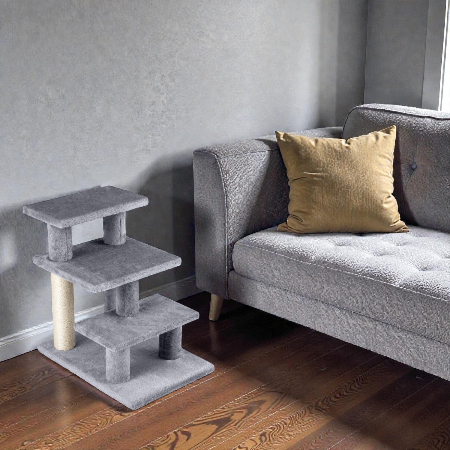 BreeBe - 19-Inch Cat Staircase with Three Plush Steps and Integrated Scratching Posts - Gray