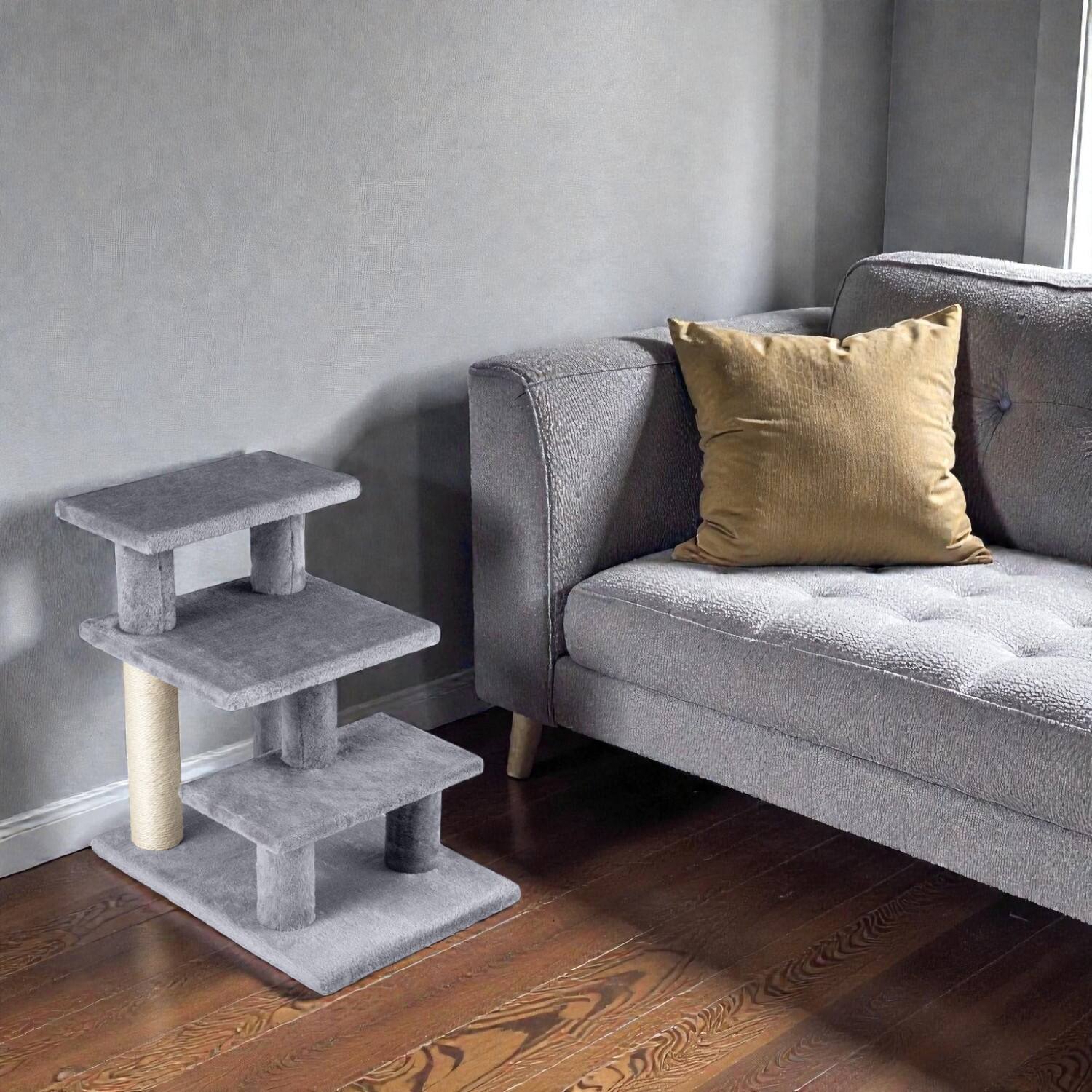 Front. BreeBe - 19-Inch Cat Staircase with Three Plush Steps and Integrated Scratching Posts - Gray.