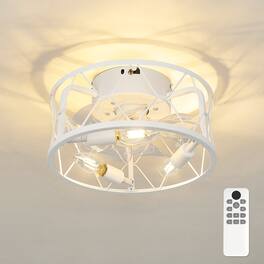 JAZAVA - 12-Inch Indoor Mini Cage Ceiling Fan with Light, Low Profile Design, 100-240V - White