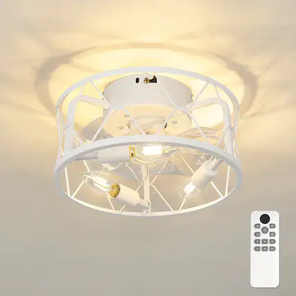 Front. JAZAVA - 12-Inch Indoor Mini Cage Ceiling Fan with Light in White, Low Profile Design, 100-240V - White.