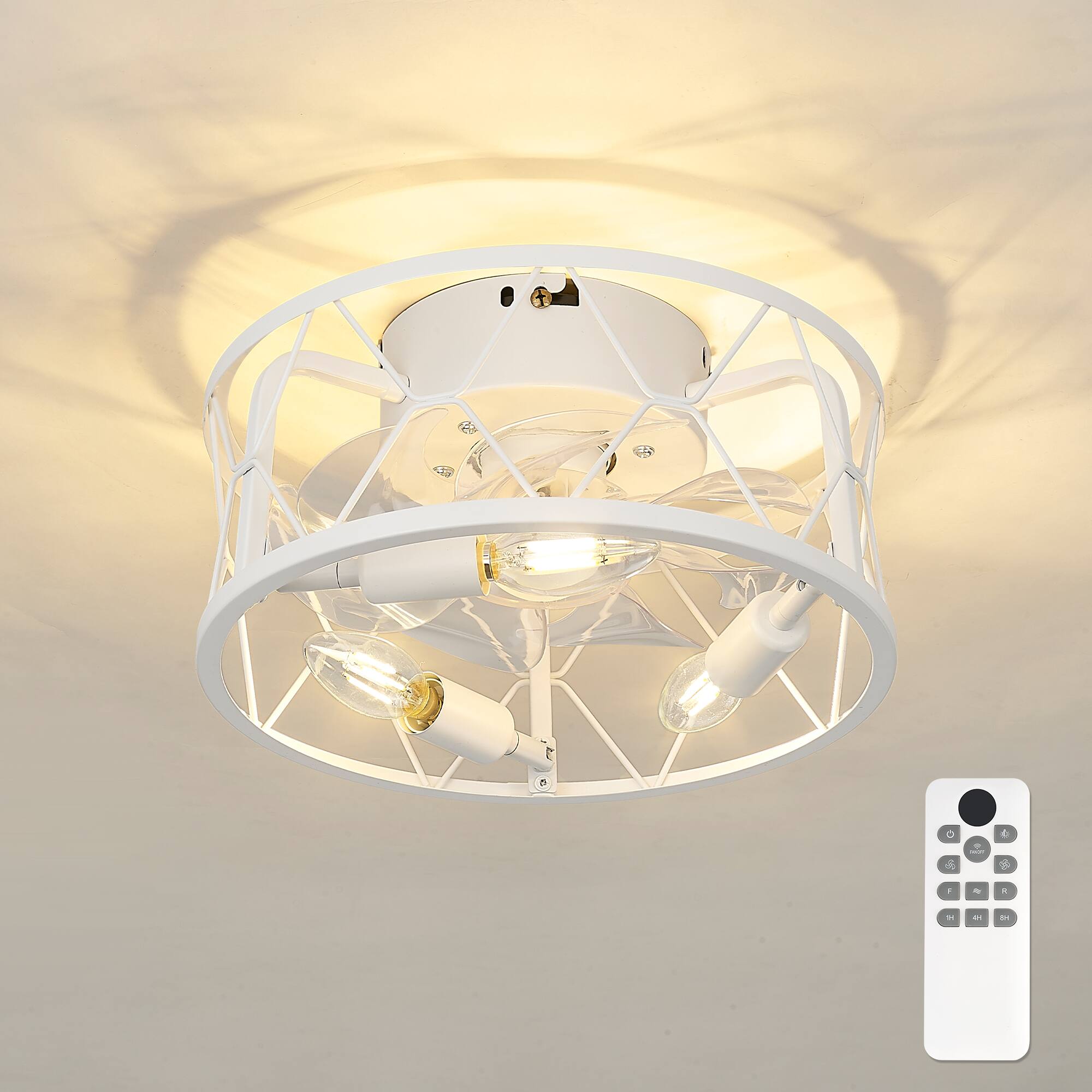 Front. JAZAVA - 12-Inch Indoor Mini Cage Ceiling Fan with Light in White, Low Profile Design, 100-240V - White.