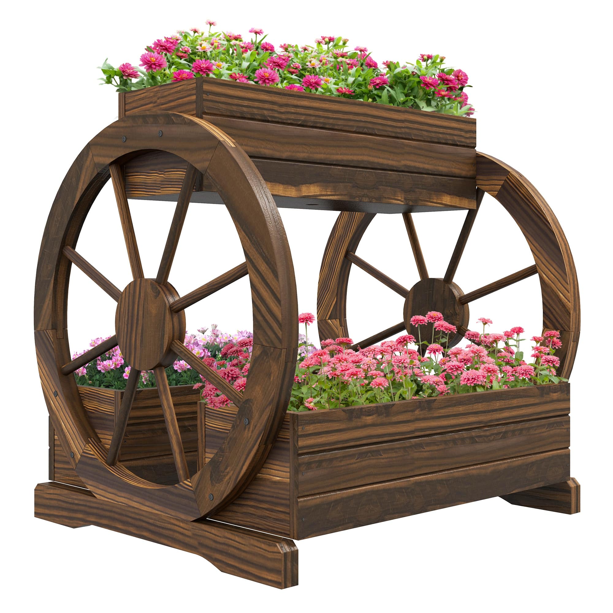 Outsunny - 2-Tier Raised Garden Bed, Wooden Wagon Planter Boxes with Drainage Holes, for Vegetables Flowers Herbs, 25" x 21" x 24" - Carbonized