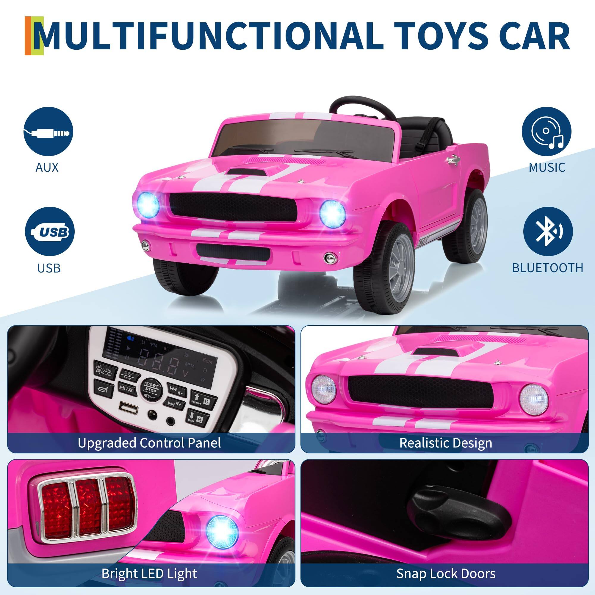 MULTIFUNCTIONAL TOYS CAR

- AUX
- USB
- MUSIC
- BLUETOOTH

Upgraded Control Panel
Realistic Design
Bright LED Light
Snap Lock Doors