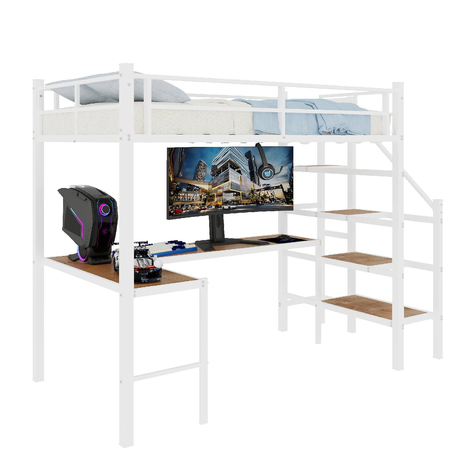 Alt View 6. Loheer - Loheer Twin Loft Bed with L-Shaped Desk Storage Stairs Noiseless Frame - White.