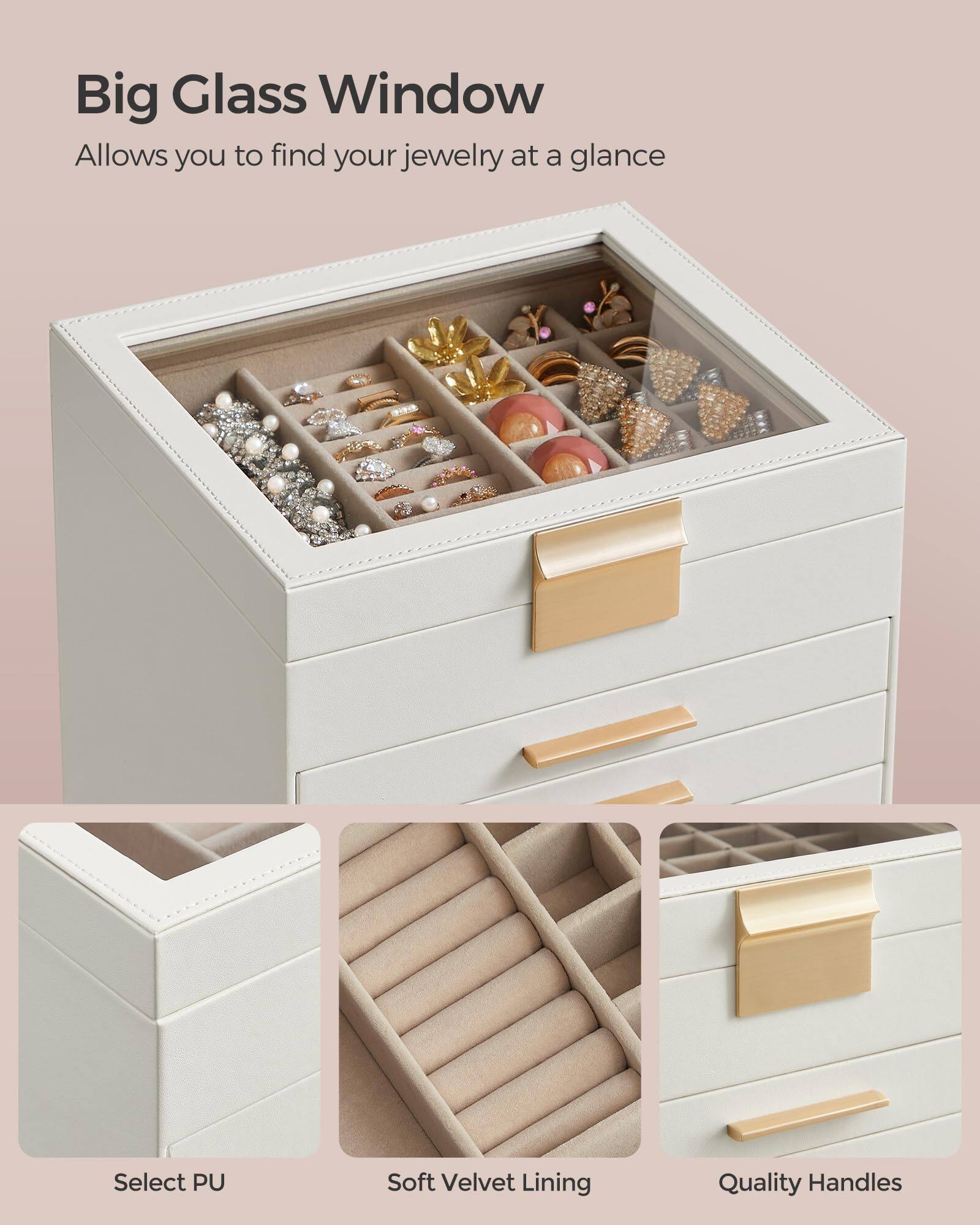 Big Glass Window  
Allows you to find your jewelry at a glance  

Select PU  
Soft Velvet Lining  
Quality Handles