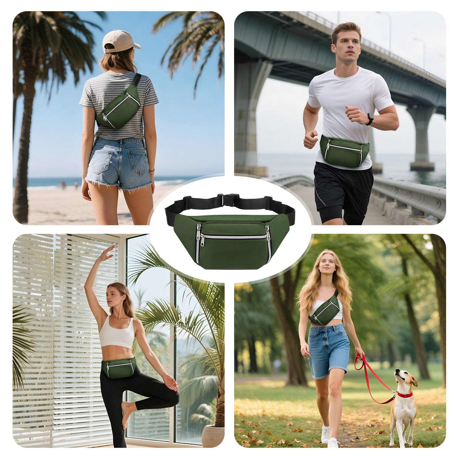 Alt View 5. Unique Bargains - Crossbody Fanny Pack with 5-Zipper Pockets Waterproof Nylon Anti Theft Waist Bag for Women Men for Sports Traveling - Green.