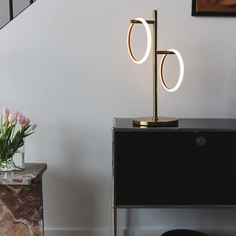 Alt View 5. Brightech - Saturn LED Modern Industrial Tree Dimmable Bedside Nightstand Desk Lamp with 3 Removable Ring Lights - Antiqued Brass.